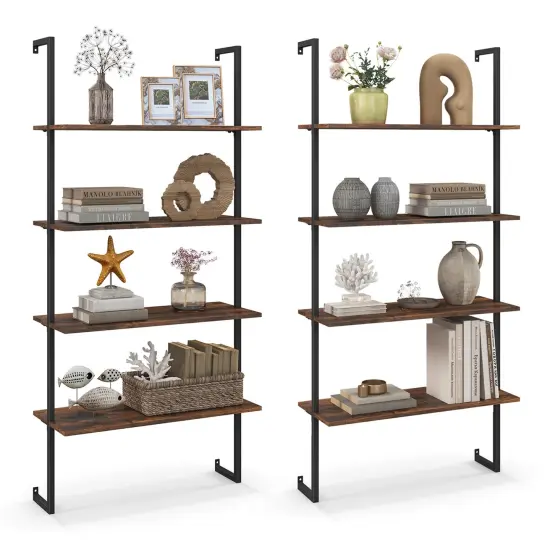 Costway 2 PCS 4-Tier Ladder Shelf Bookshelf Industrial Wall Shelf with Metal Frame Rustic {1}