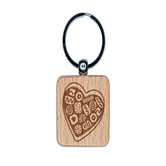 Valentine's Day Heart Box Of Chocolates Engraved Wood Square Keychain Tag Charm {1}