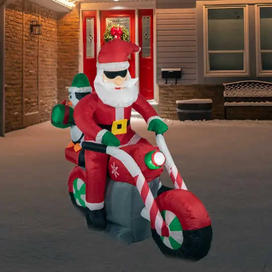 Northlight LED Lighted Santa and Penguin on Motorcycle Outdoor Christmas Inflatable - 5' Red {3}