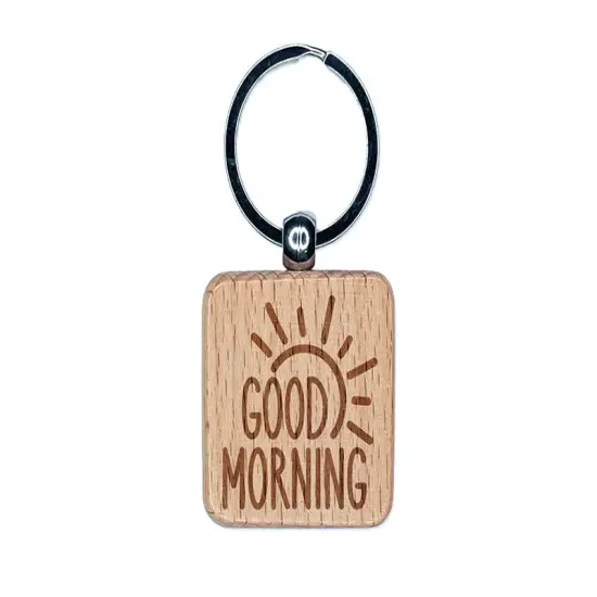 Good Morning Sun Engraved Wood Square Keychain Tag Charm {1}