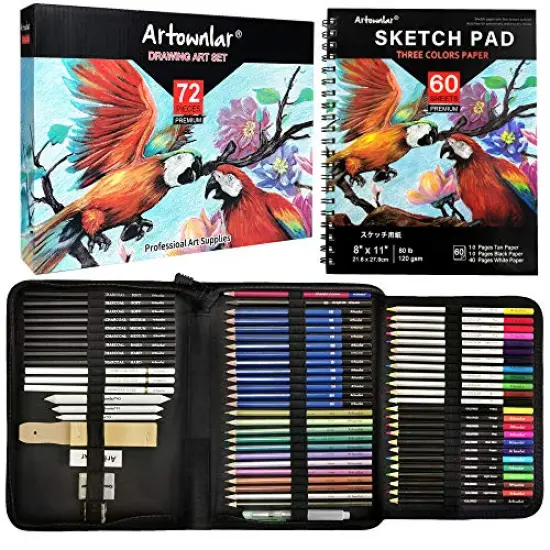 Artownlar 72 Pack Drawing Sketching Set with 8x11" Sketchbook | Pro Art Supplies Kit for Artist Adults Teens Beginner | Tutorial, Graphite Charcoal, Watercolor & Metallic Colored Pencils in Gift Case. {1}
