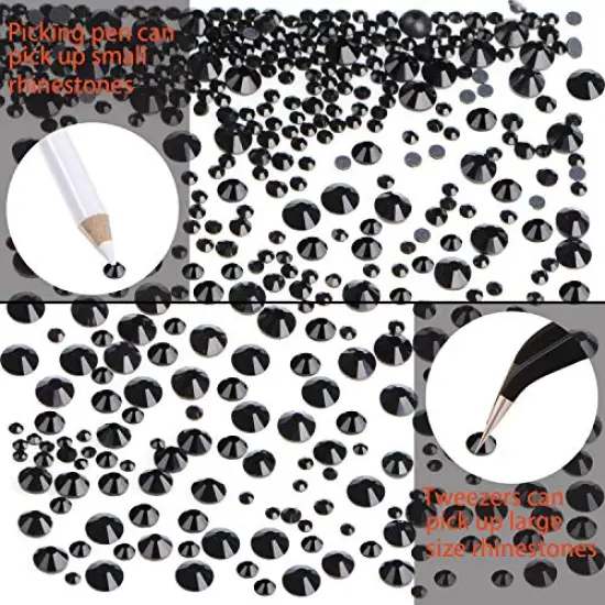 6400 Pieces Hotfix Rhinestones Black Flat Back 5 Mixed Sizes Crystal Round Glass Gems with Tweezers and Picking Rhinestones Pen {3}