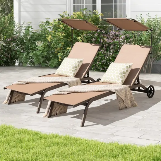 Patio Heavy-Duty Adjustable Chaise Lounge Chair with Canopy Cup holder and Wheels-Brown {3}