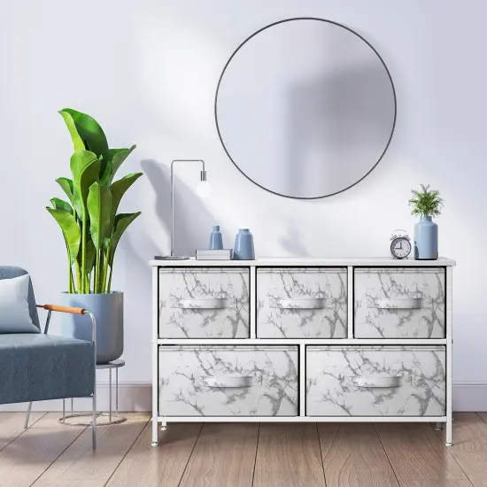 Sorbus Dresser with 5 Drawers - Storage Chest Organizer Unit with Steel Frame, Wood Top, Easy Pull Fabric Bins - Long Wide TV Stand for Bedroom Furniture, Hallway, Closet & Office Organization Marble white {4}