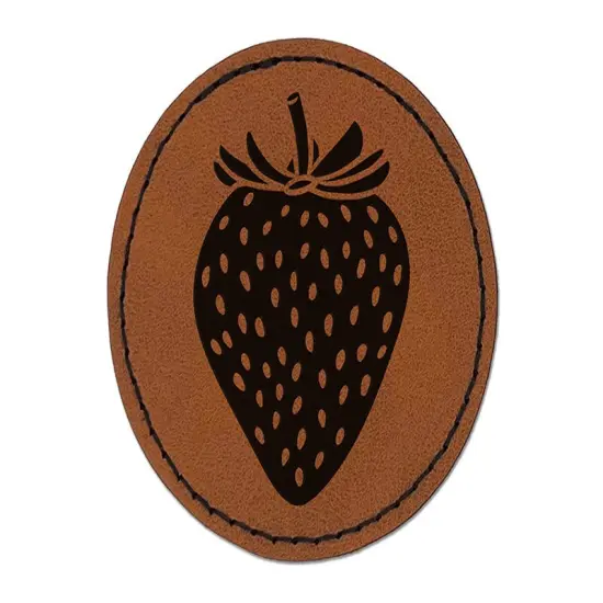 Strawberry Fruit Drawing Round Iron-On Engraved Faux Leather Patch Applique - 2.5" Brown {1}