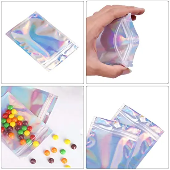 3x4 inch 100PCS Resealable Smell Proof Bags,Holographic Packaging Bags, Foil Pouch baggies, Clear Small Mylar Ziplock Bag for Jewelry,Candy,Food Storage and Party Favor {6}