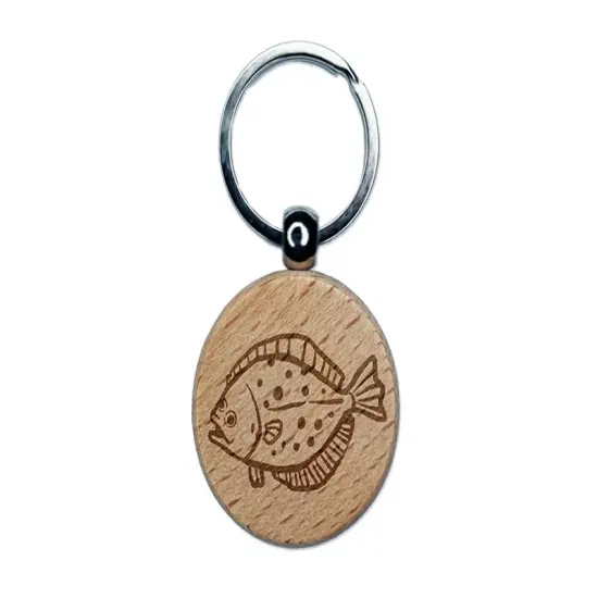 Flounder Halibut Flat Spotted Fish Engraved Wood Round Keychain Tag Charm {1}