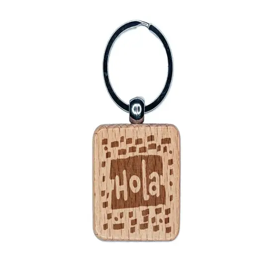 Hola Hello Spanish Doodle Engraved Wood Square Keychain Tag Charm {1}