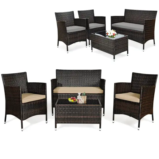 4 Pieces Comfortable Outdoor Rattan Sofa Set With Glass Coffee Table Grey and Beige {5}