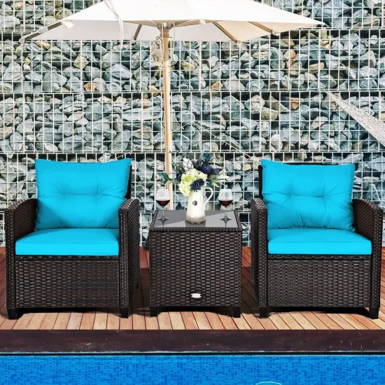3 Pcs Patio Rattan Furniture Set Cushioned Conversation Set Coffee Table Turquoise {2}