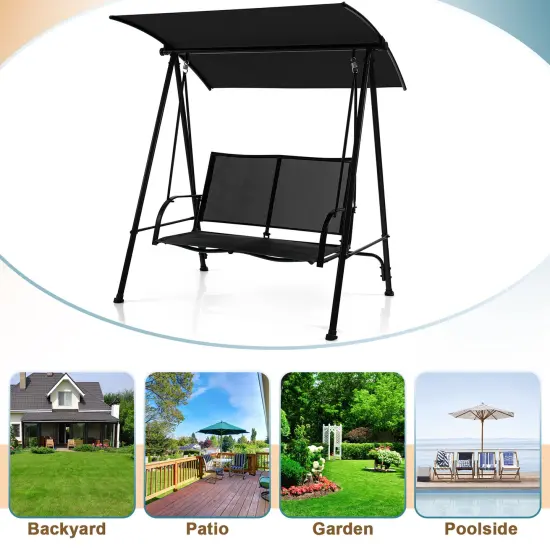 2-Seat Outdoor Canopy Swing with Comfortable Fabric Seat and Heavy-duty Metal Frame Black {3}
