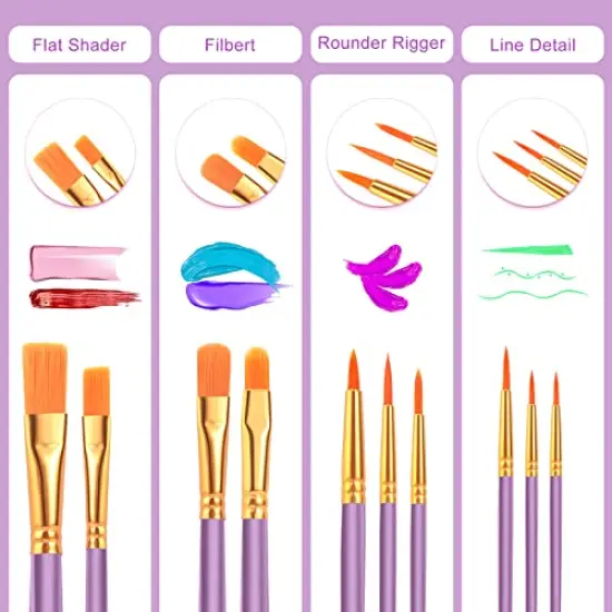 Acrylic Paint Brushes Set, 16Packs / 160 Pcs, Suitable for Acrylic, Oil, Watercolor,Rock Body Face Nail Art,Perfect Suit of Art Painting, Best Gift for Kids Adult Drawing, Purple {6}
