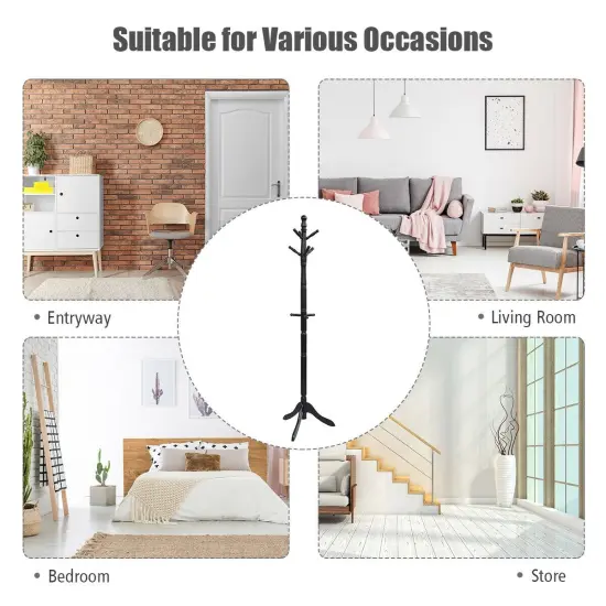 Adjustable Height Free Standing Wooden Coat Rack Tree Perfect for Any Room Black {5}