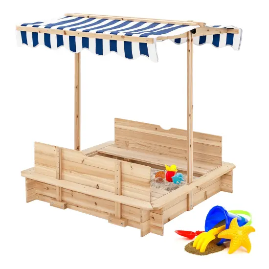Kids Wooden Sandbox with Canopy and Foldable Bench Seats {3}
