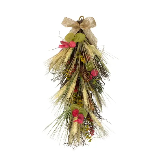 Northlight 24" Autumn Harvest Wheat and Eucalyptus with Feathers Teardrop Swag - Unlit Red {1}