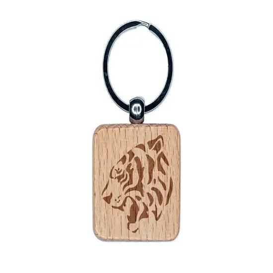Ferocious Bengal Tiger Head Side View Engraved Wood Square Keychain Tag Charm {1}
