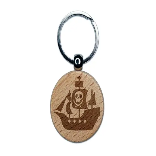 Pirate Ship with Jolly Roger Skull Engraved Wood Round Keychain Tag Charm {1}