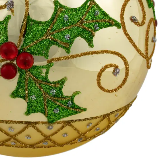 Northlight Glittered Holly and Berries Christmas Glass Ball Ornaments - 4" - Gold - Set of 2 {6}