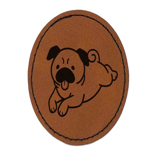 Pug Laying Down Dog Round Iron-On Engraved Faux Leather Patch Applique - 2.5" Brown {1}