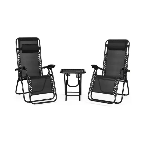 3 Pieces Folding Portable Zero Gravity Reclining Lounge Chairs Table Set Black {3}
