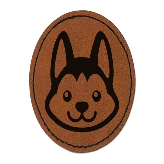 Chibi Husky Dog Head Round Iron-On Engraved Faux Leather Patch Applique - 2.5" Brown {1}
