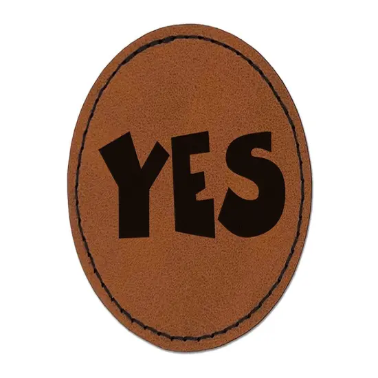 Yes Text Round Iron-On Engraved Faux Leather Patch Applique - 2.5" Brown {1}