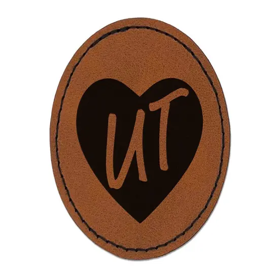 UT Utah State in Heart Round Iron-On Engraved Faux Leather Patch Applique - 2.5" Brown {1}