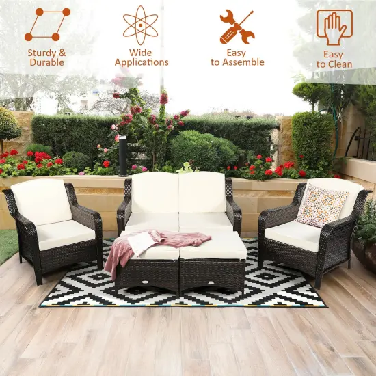 5 Pieces Patio Rattan Sofa Set with Cushion and Ottoman Off White {2}