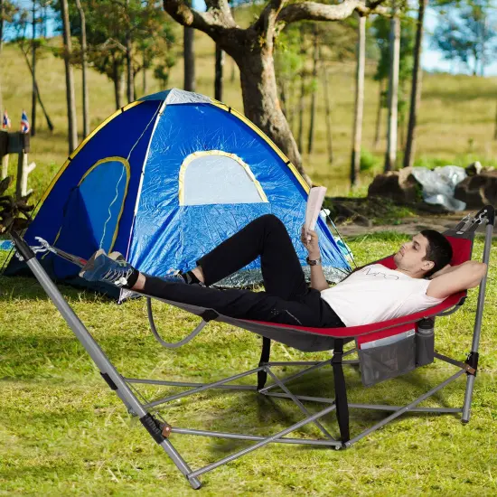 Outdoor Folding Hammock Bed with Breathable Fabric Metal Frame and Side Pocket Storage Red {2}