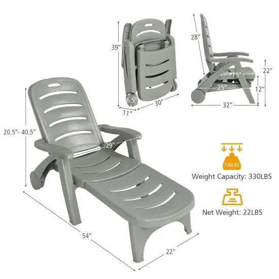 5 Position Adjustable Folding Lounger Chaise Chair on Wheels Grey {4}