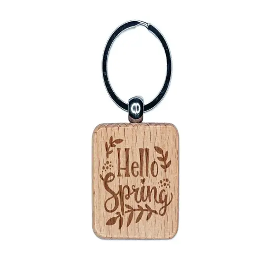 Hello Spring Floral Engraved Wood Square Keychain Tag Charm {1}