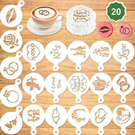 20 Pack Valentine's Day Cake Stencil Templates Decoration, Reusable Valentine's Day Cake Cookies Baking Painting Mold Tools, Dessert, Coffee Decorating Molds Cappuccino Mousse Hot Chocolate {1}