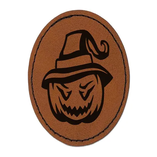 Jack-O'-Lantern Pumpkin Wearing Witch Hat Halloween Round Iron-On Engraved Faux Leather Patch Applique - 2.5" Brown {1}