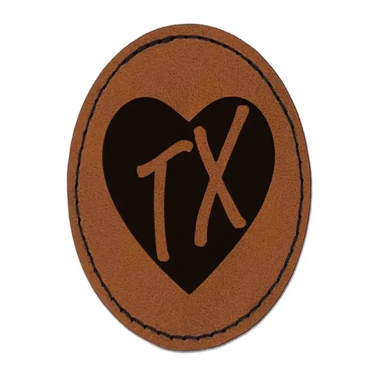 TX Texas State in Heart Round Iron-On Engraved Faux Leather Patch Applique - 2.5" Brown {1}