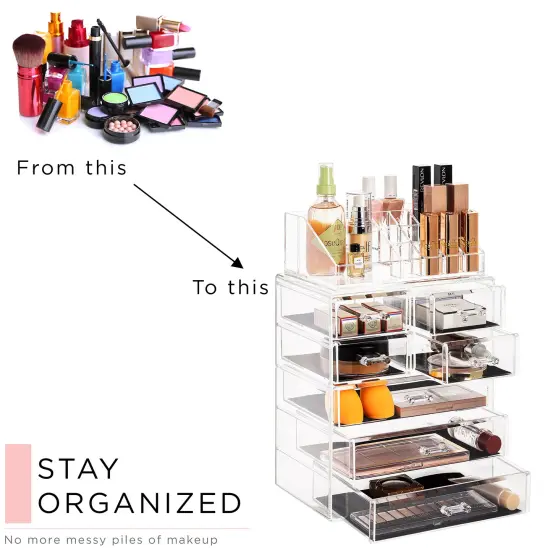 Sorbus Medium Makeup Organizer Set - (3 Large / 4 Small Drawers/Top Tray) Clear {5}