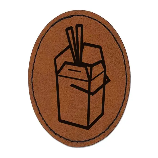 Chinese Food Take Out Away Doodle Round Iron-On Engraved Faux Leather Patch Applique - 2.5" Brown {1}