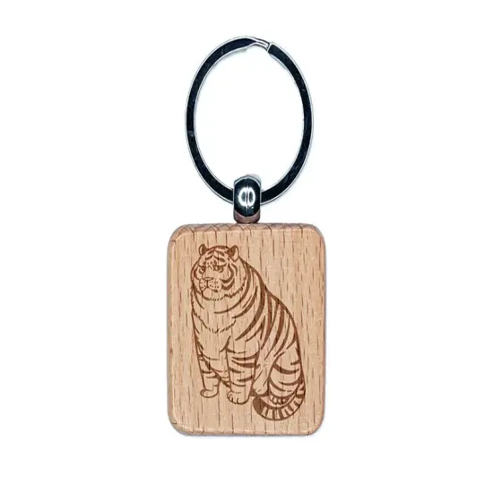 Chubby Fat Tiger Engraved Wood Square Keychain Tag Charm {1}
