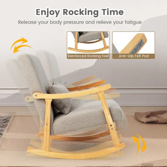 Upholstered Rocking Chair with Pillow and Rubber Wood Frame-Gray {5}