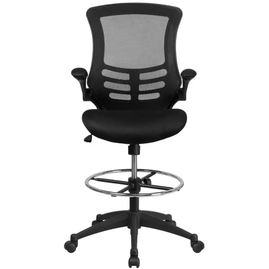 Emma and Oliver Mid-Back Mesh Ergonomic Drafting Chair with Adjustable Foot Ring and Flip-Up Arms BlackMesh/BlackFrame {3}