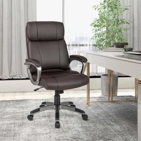 Costway Ergonomic Office Chair PU Leather Executive Swivel with Upholstered Armrests Brown {2}