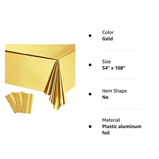 3 Pieces Foil Party Rectangular Table Covers Table Cloth 54 x 108 Inch Shiny Plastic Waterproof Tablecloth Party Table Cover for Wedding Anniversary Engagement Party (Gold) {1}