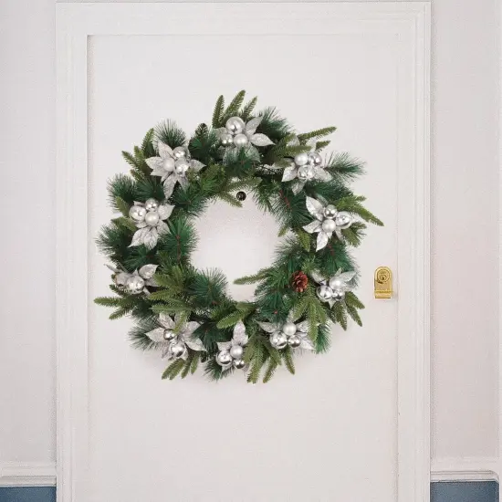 Set of 12: Silver Glitter Poinsettia Flower Picks with 3 Ornament Balls - Festive Seasonal Accents - 2024 Christmas Collection, Floral Home by Artificial Flowers {4}