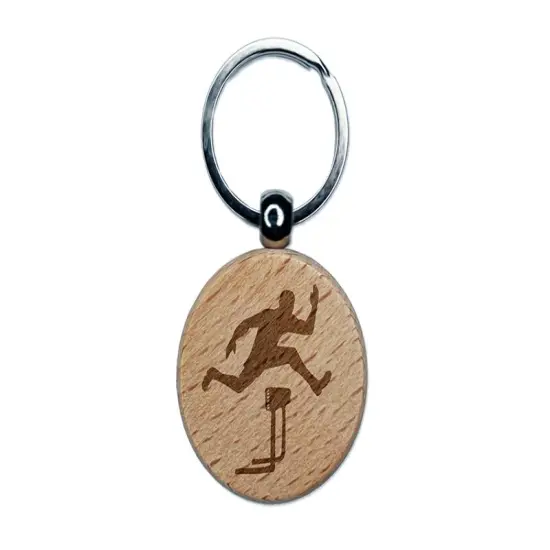 Man Jumping Over Hurdles Fitness Track and Field Engraved Wood Round Keychain Tag Charm {1}