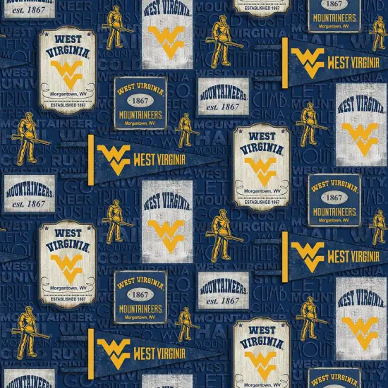 Sykel Enterprises-West Virginia University Cotton Fabric-West Virginia Mountaineers Vintage Pennant Cotton Quilting Fabric {1}