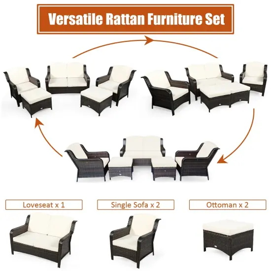 5 Pieces Patio Rattan Sofa Set with Cushion and Ottoman Off White {5}