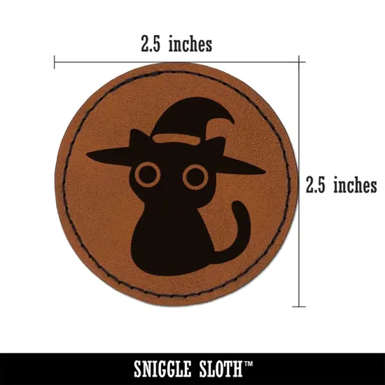 Black Cat with Witch Hat Halloween Round Iron-On Engraved Faux Leather Patch Applique - 2.5" Brown {3}