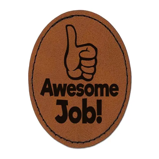 Awesome Job Thumbs Up Compliment Teacher Student Round Iron-On Engraved Faux Leather Patch Applique - 2.5" Brown {1}