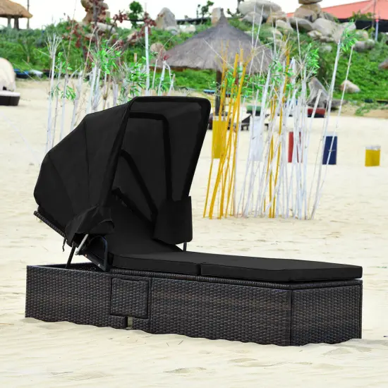 Outdoor Adjustable Cushioned Chaise Lounge Chair with Folding Canopy-Black {2}