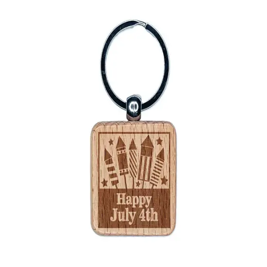Happy July 4th Independence Day With Fireworks Engraved Wood Square Keychain Tag Charm {1}