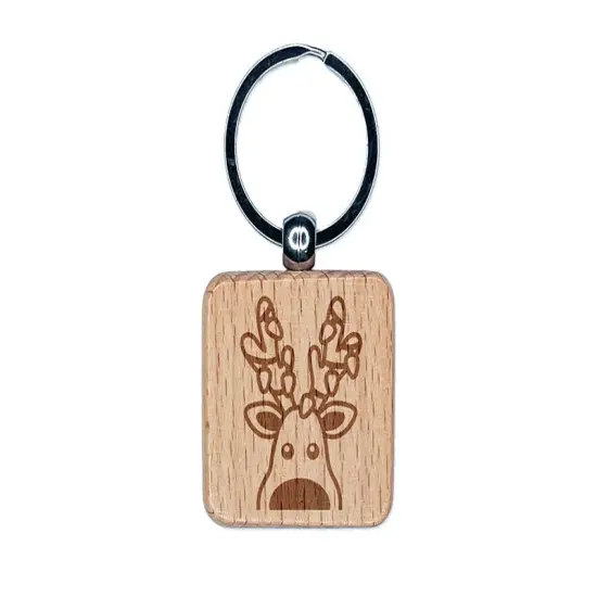 Peeking Reindeer with Lights Christmas Engraved Wood Square Keychain Tag Charm {1}
